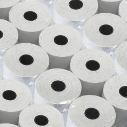 30 rotoli di carta termica da 80m, larghezza 80mm. Foro 12mm. Diametro esterno 77mm.